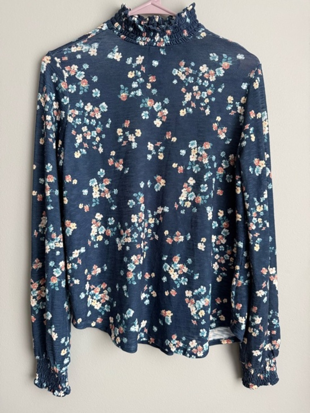 Y2K Floral Mock Neck Top Blue Long Sleeve Ruffle Soft Girl Coquette Size S